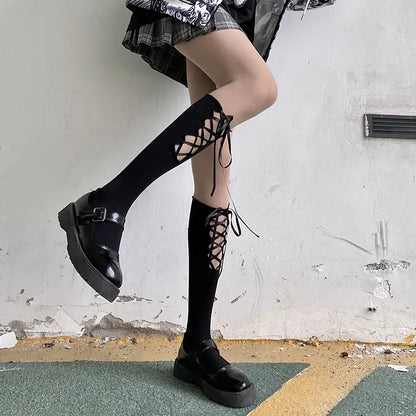 Gothic Black Calf Straps Hollow Sock