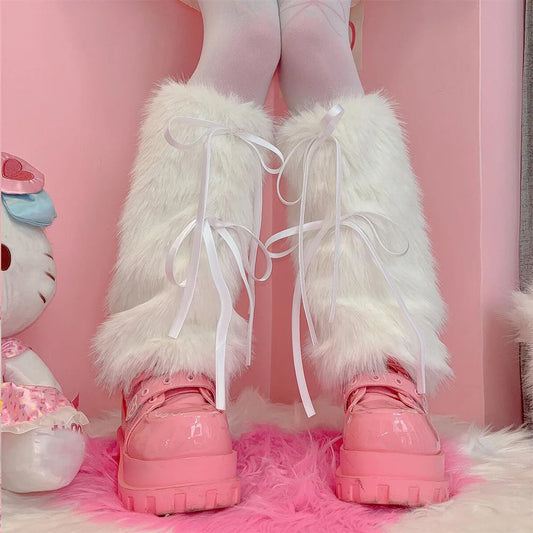 Gothic Ribbon Bow Faux Fur Sock