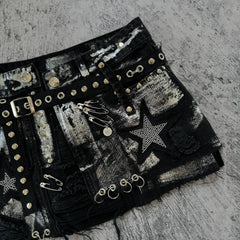 Rhinestone Denim Retro Black Skirt