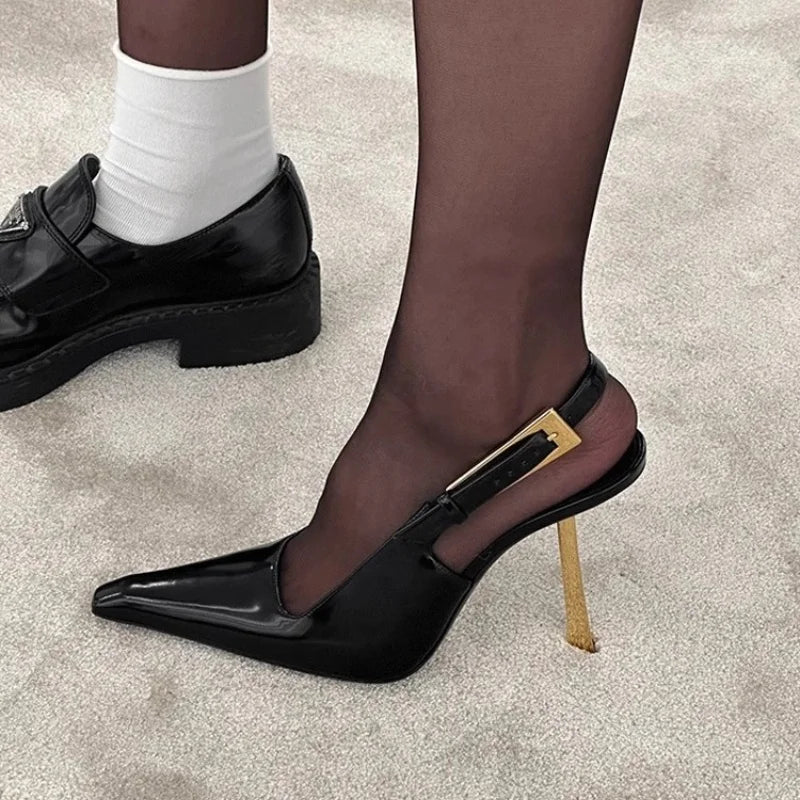 Black Patent Leather Gothic Pointed Sandals High Heel