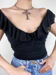 Elegant Slim Ruffles Deep V-Neck Crop Top