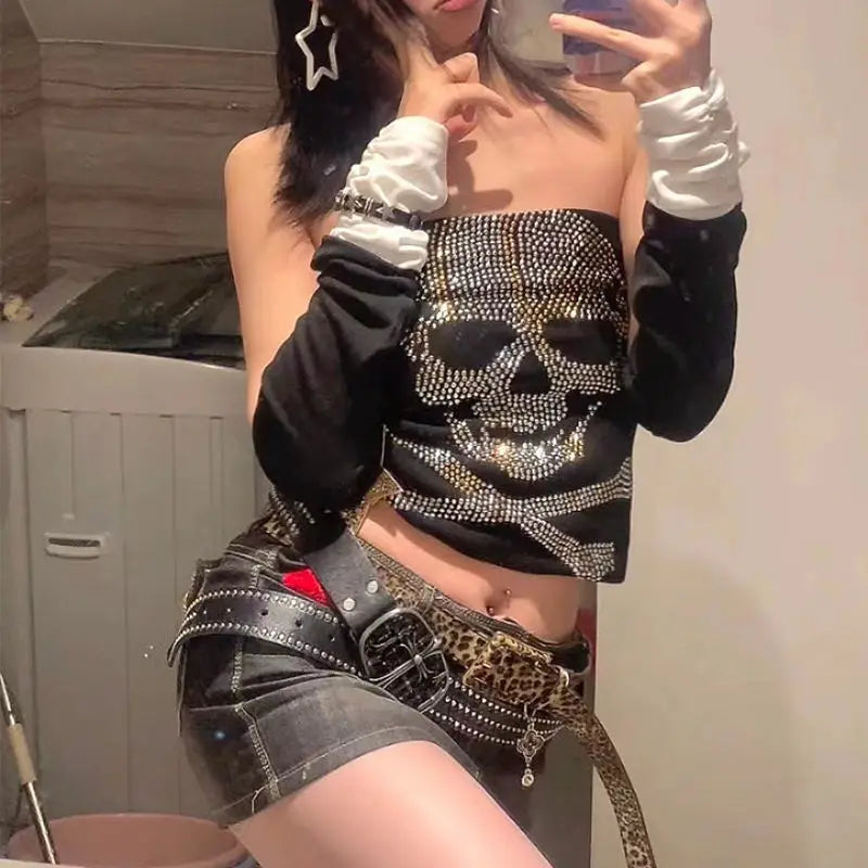Punk Rhinestone Sleeveless Cotton T-shirt