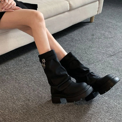 Fashion Buckle Black Combat Platform Punk Boot