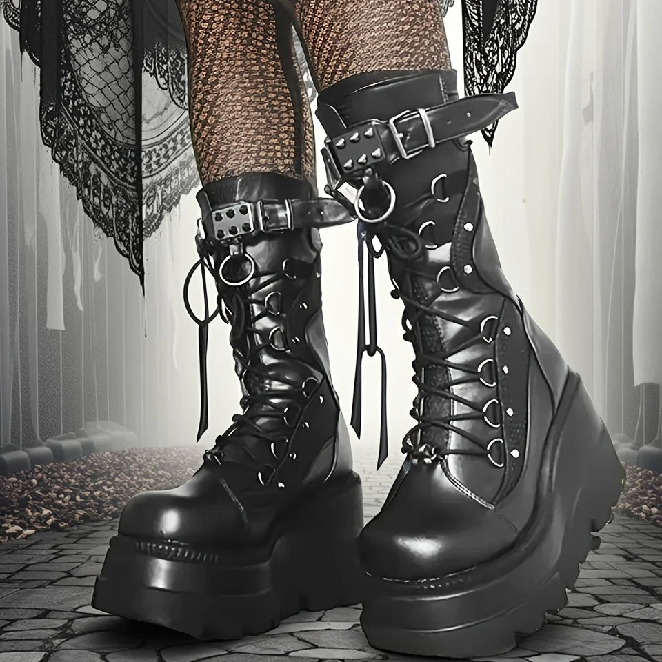 Brand New Goth Platform Rivet Punk Wedge Boot