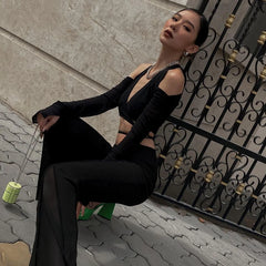 See Through Mesh V Neck Off Shoulder Crop Top