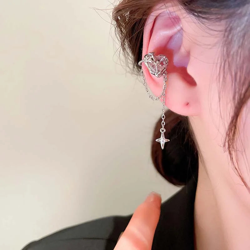 Pink Crystal Heart Star Tassel Clip Earring
