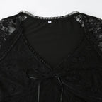 Lace Trim Long Sleeve Mesh Top