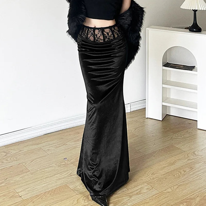 Velvet Trumpet Lace Patchwork Skirt
