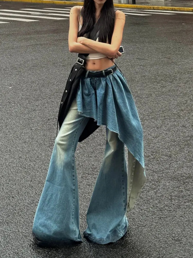 Washed Gothic Splicing Bell-Bottom Pant