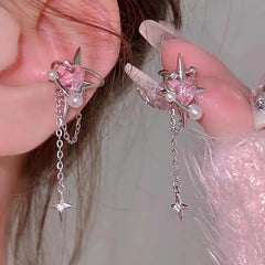 Pink Crystal Heart Star Tassel Clip Earring