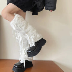 Gothic White Bow Rabbit Fur Winter Sock