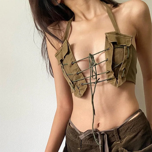 Hollow Out Bandage Retro Strapless Crop Top