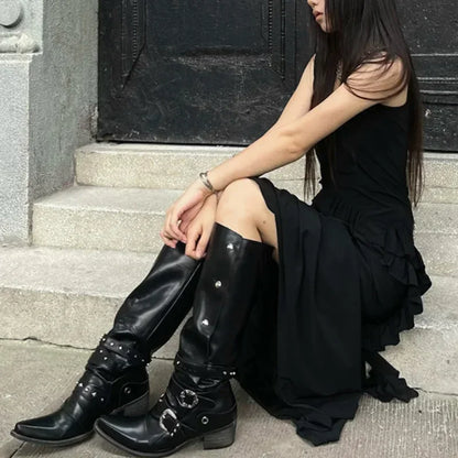 Black Punk Knee High Gothic Motorcycle Boot