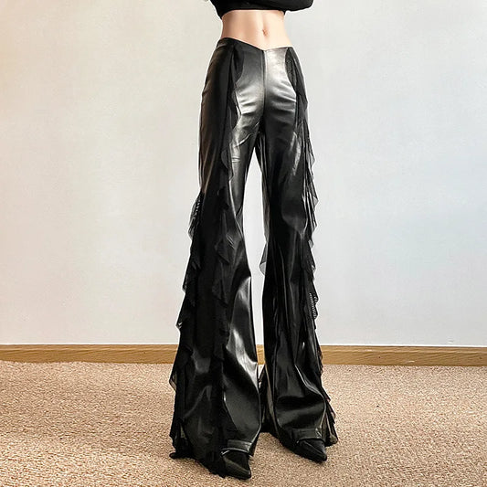 High Waist Gothic Faux PU Mesh Pant
