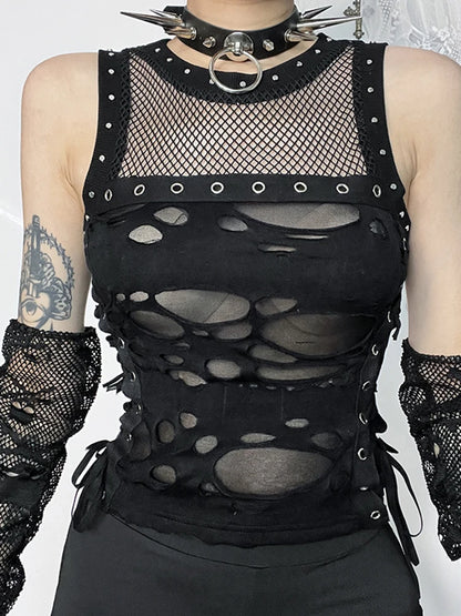 Cyber Y2K Hole Mesh Patchwork Sexy Crop Top
