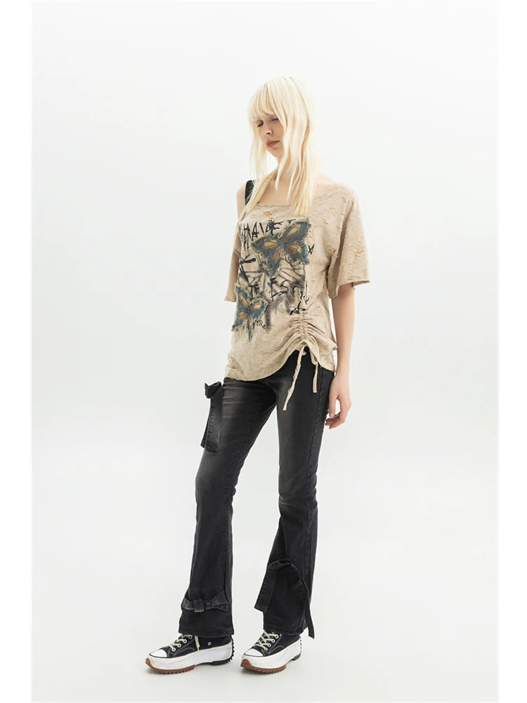 Black Gothic Bow Flare Denim Pant
