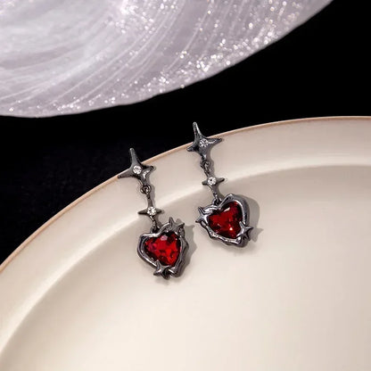 Y2K Goth Heart Cross Red Zircon Tassel Earring