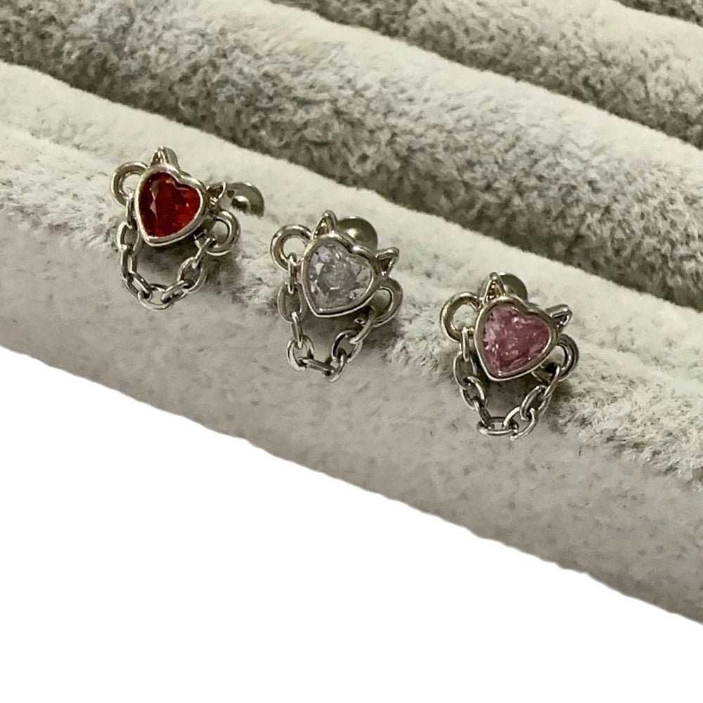 Zircon Love Heart Chain Stainless Steel Lip Stud