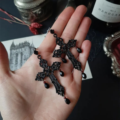 Punk Star Cross Silver Hollow Heart Earring