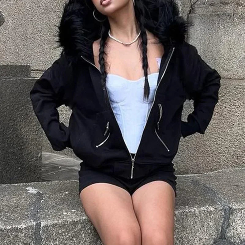 Gothic Fur Collar Zip Hoodie Main image