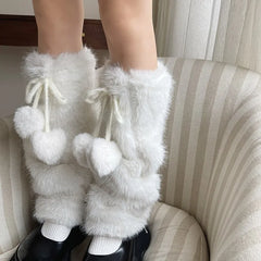 Gothic White Bow Rabbit Fur Winter Sock
