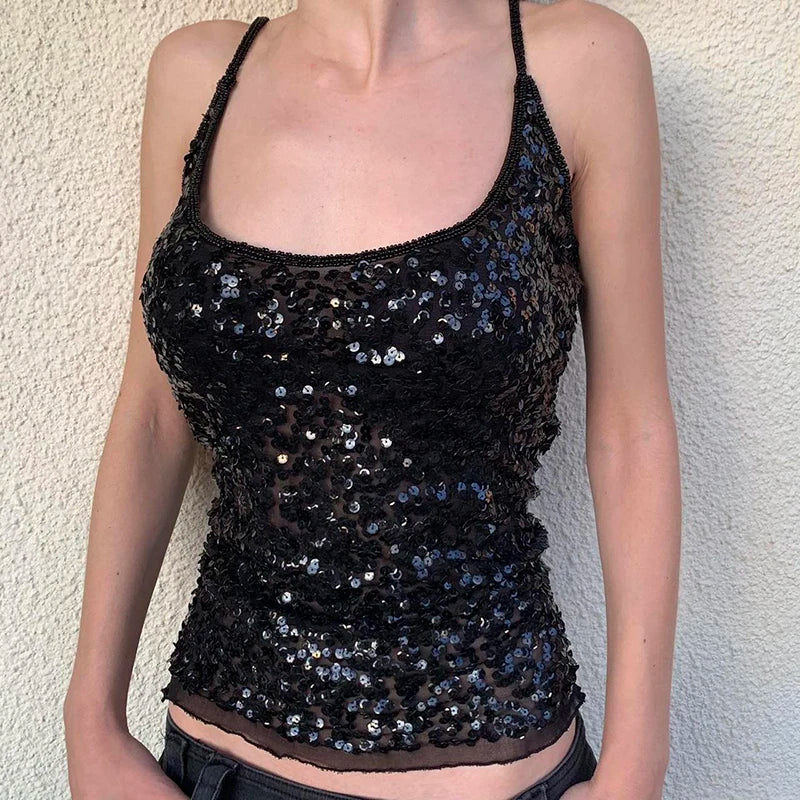 Black Sequined See Through Skinny Crop Top Main image