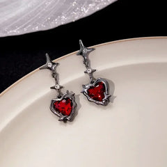 Y2K Goth Heart Cross Red Zircon Tassel Earring