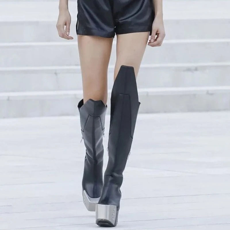 Rider Metal Square Toe Zipper Gothic Knee High Boot