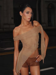 See Through Irregular Hem Ruffles Bandage Crop Top