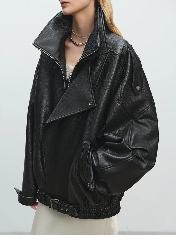 Soft PU Leather Belted Jacket