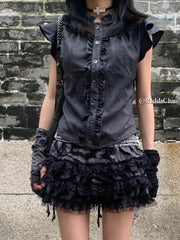 Lace Trim Puffy Ruffle Skirt