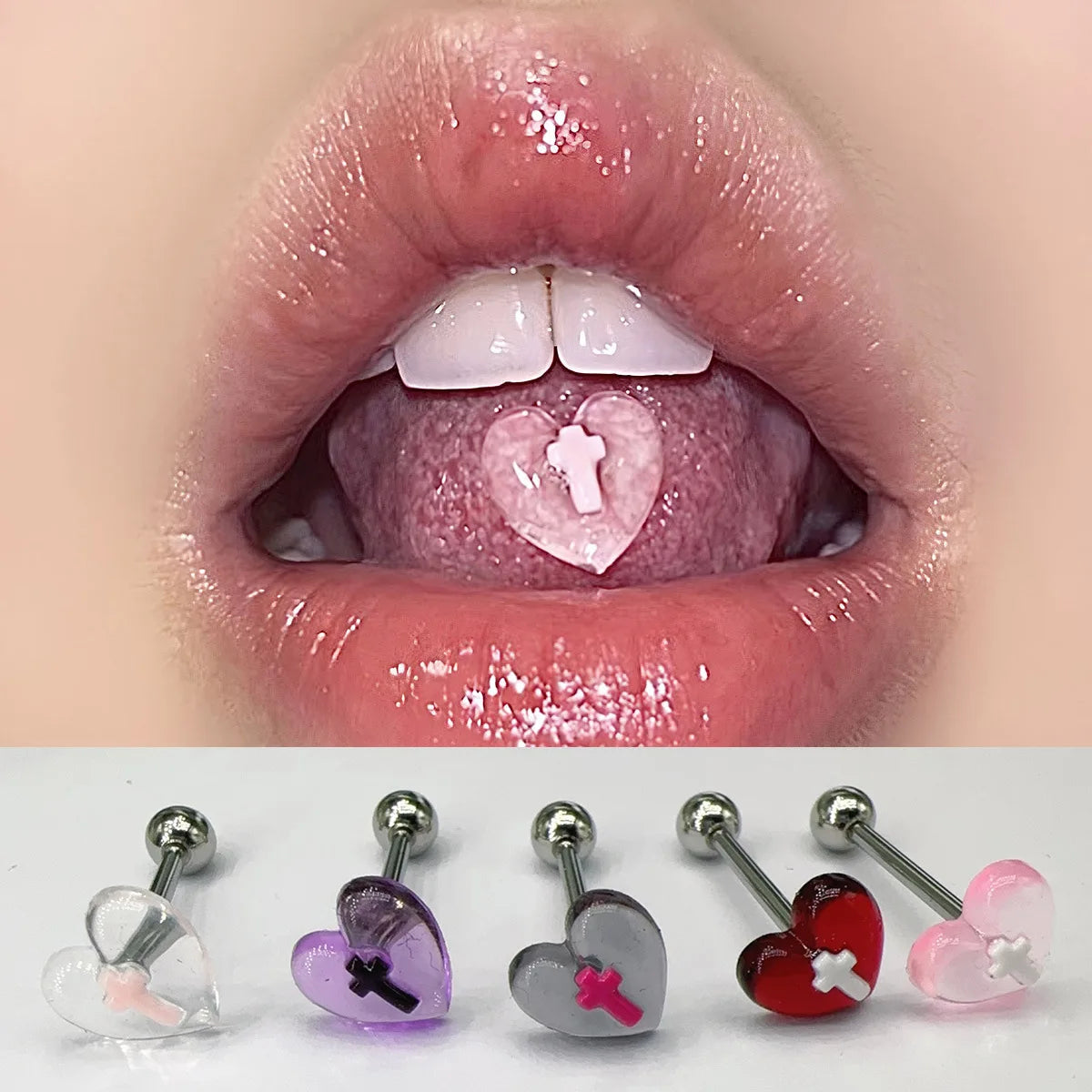 Resin Love Cross Transparent Heart Tongue Ring Main image
