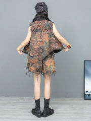 Distressed Printed Denim Short