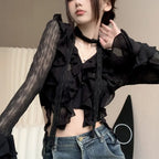 Sheer V-neck Flared Sleeve Blouse