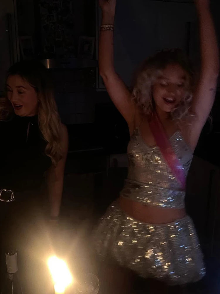 Sequins Glitter Y2K Camisole Puffy Skirt Crop Top