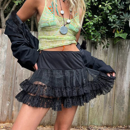Sheer Ruffle Tiered Lace Skirt