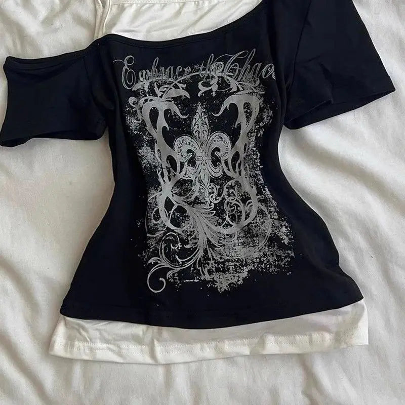 Gothic Print Fake Two-piece Black Crop Top