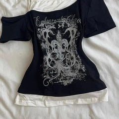 Gothic Print Fake Two-piece Black Crop Top