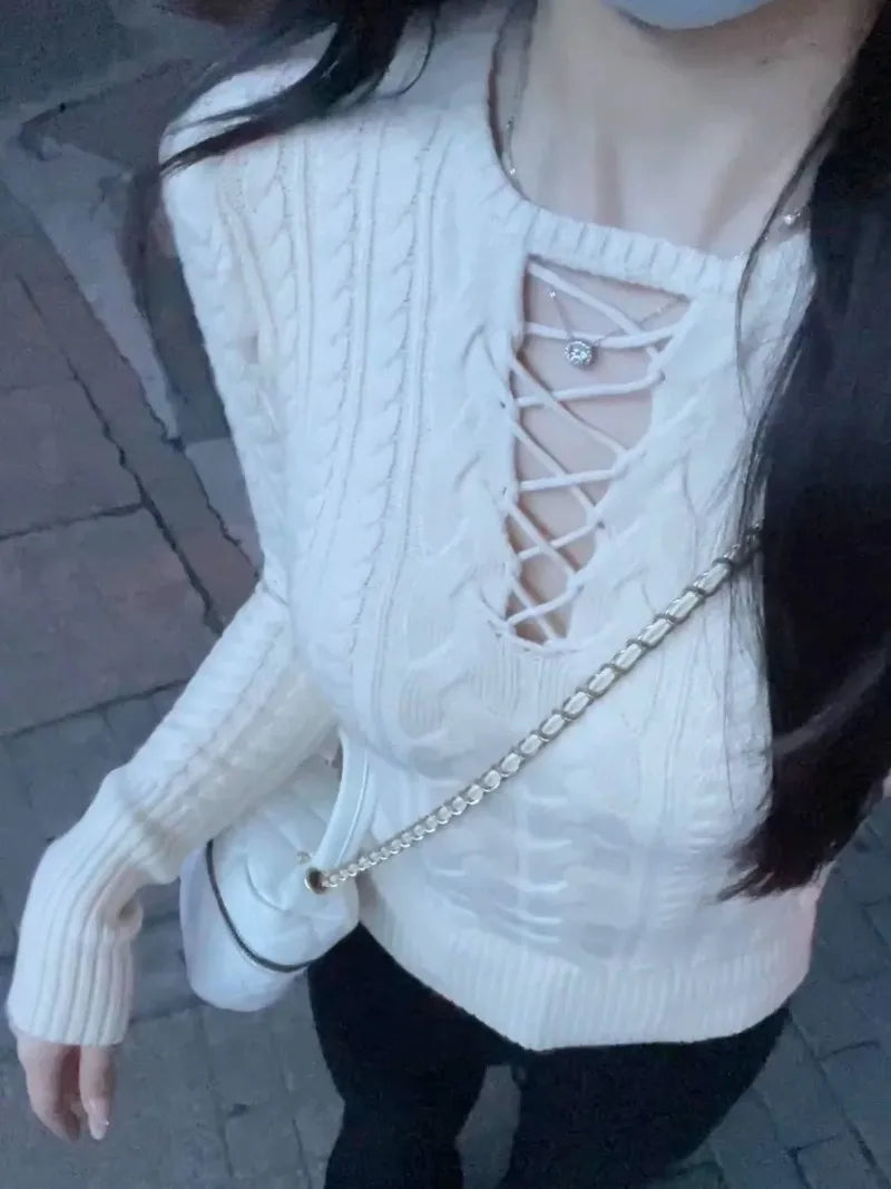 Y2K Vintage Punk Knitted Front Cross O-Neck Sexy Sweet Sweater Secondary image