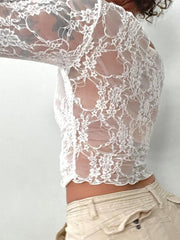 Floral Lace Long Sleeve Y2K Crop Top