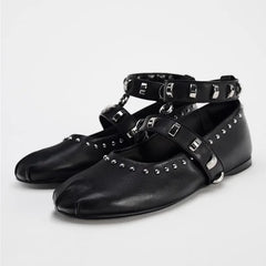 Genuine Leather Mary Jane Square Toe Snap Ballet Flat