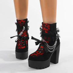 Gdgydh Vintage Gothic Lace Chunky Heel Boot