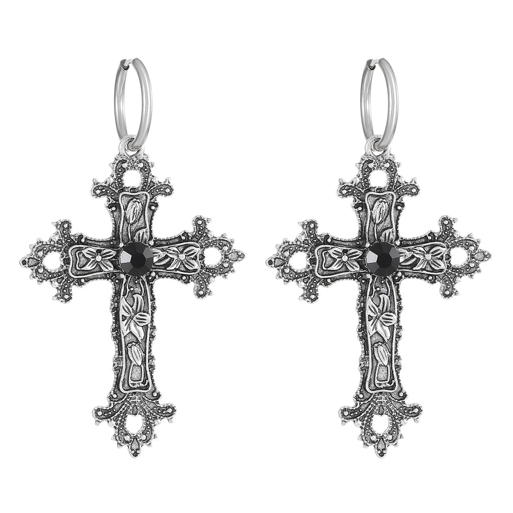 Gothic Large Silver Cross Wedding Drop Earring
