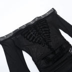 Flocked Skull Print Bell Sleeve  Mesh Top