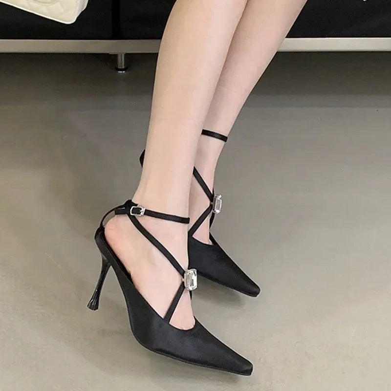 Rhinestone Gothic Black Satin Mary Janes High Heel