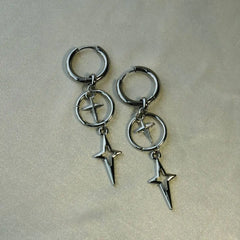 Punk Star Cross Silver Hollow Heart Earring