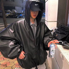 Black PU Loose Fit Hooded Jacket