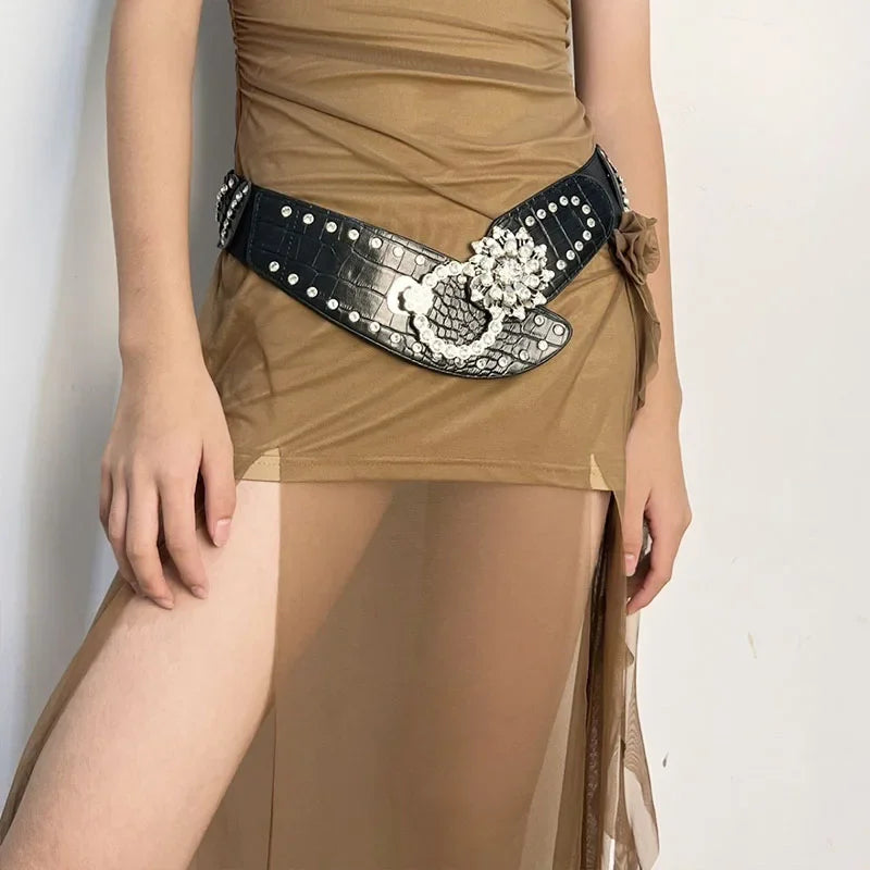 Rhinestone Gothic Flower Punk Metal Belt