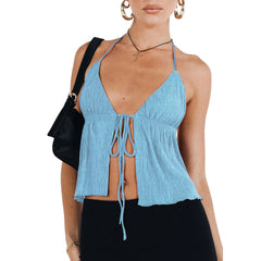 Y2K Front Tie Deep V Crop Top