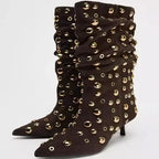 Sexy Rivet Pleated High Heel Pointed Gothic Boot